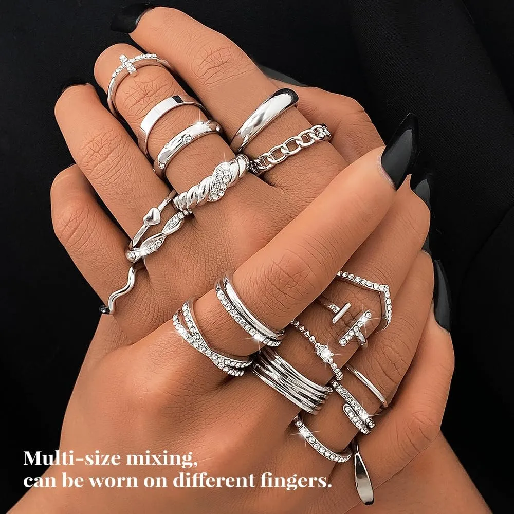 KISS WIFE Silver Kunckle Rings Set for Women, Dainty Simple Trendy Cute Stackable Finger Rings Pack, Stacking Layering on Thumb and Knuckle, Mixed Size