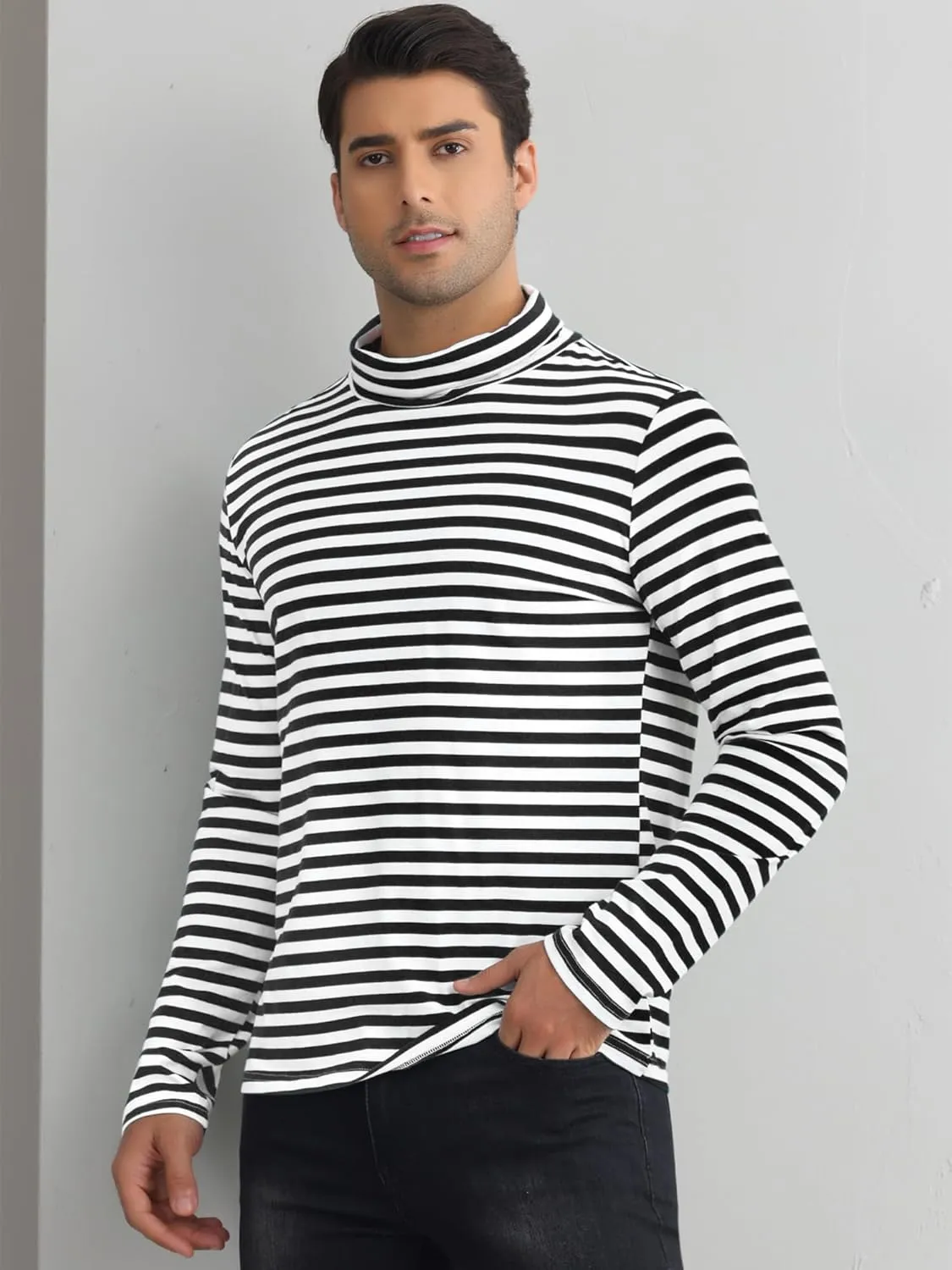 Lars Amadeus Striped Turtleneck T-Shirt for Men's Contrast Color Long Sleeves Pullover Stripes T Shirt