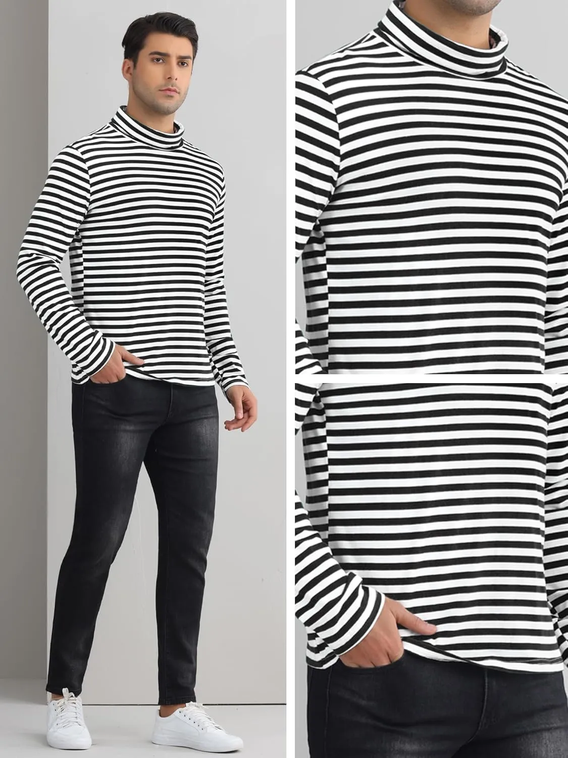 Lars Amadeus Striped Turtleneck T-Shirt for Men's Contrast Color Long Sleeves Pullover Stripes T Shirt