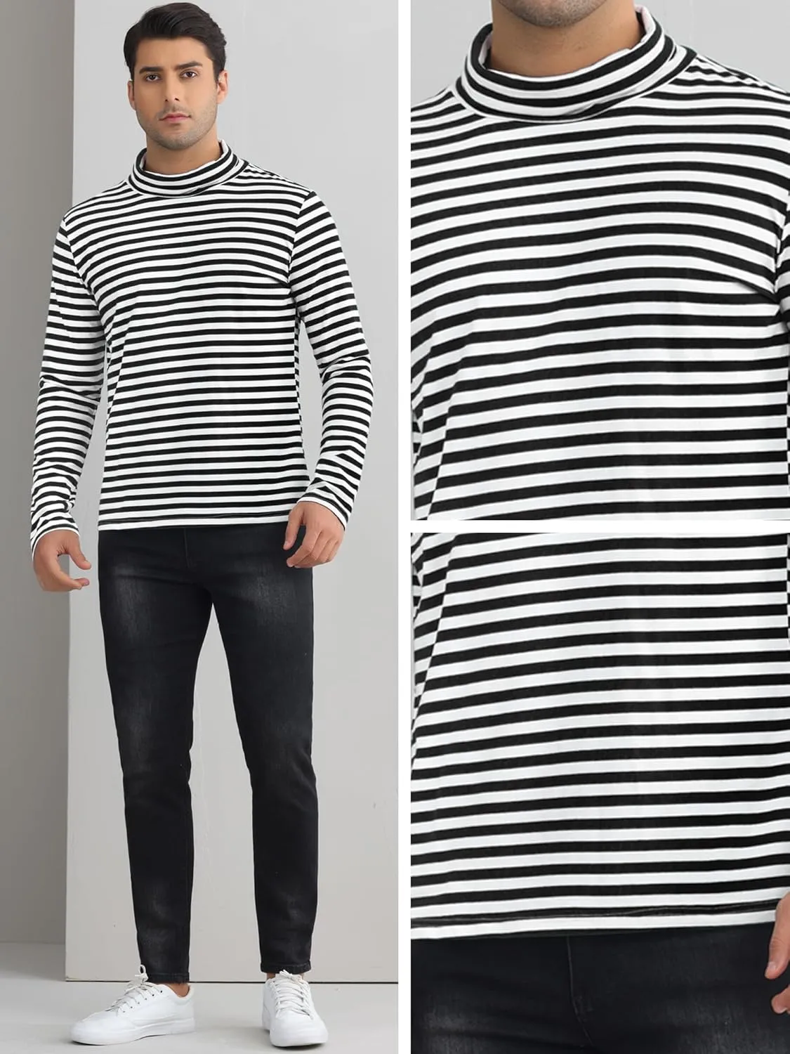 Lars Amadeus Striped Turtleneck T-Shirt for Men's Contrast Color Long Sleeves Pullover Stripes T Shirt