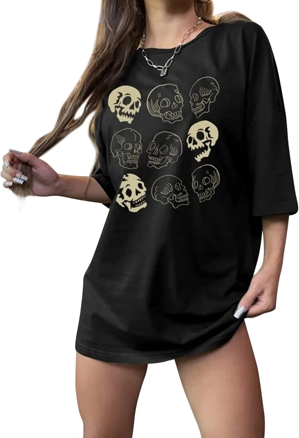 Lauweion Womens Skull Print Drop Shoulder Tee Oversized Graphic T-Shirt Teen Girls Baggy Trendy Funny Shirt
