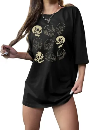 Lauweion Womens Skull Print Drop Shoulder Tee Oversized Graphic T-Shirt Teen Girls Baggy Trendy Funny Shirt