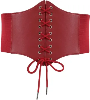 LEACOOLKEY Women Black Tied Waspie Belt, Lace-up Cinch Belt, Corset Elastic Waist Belt