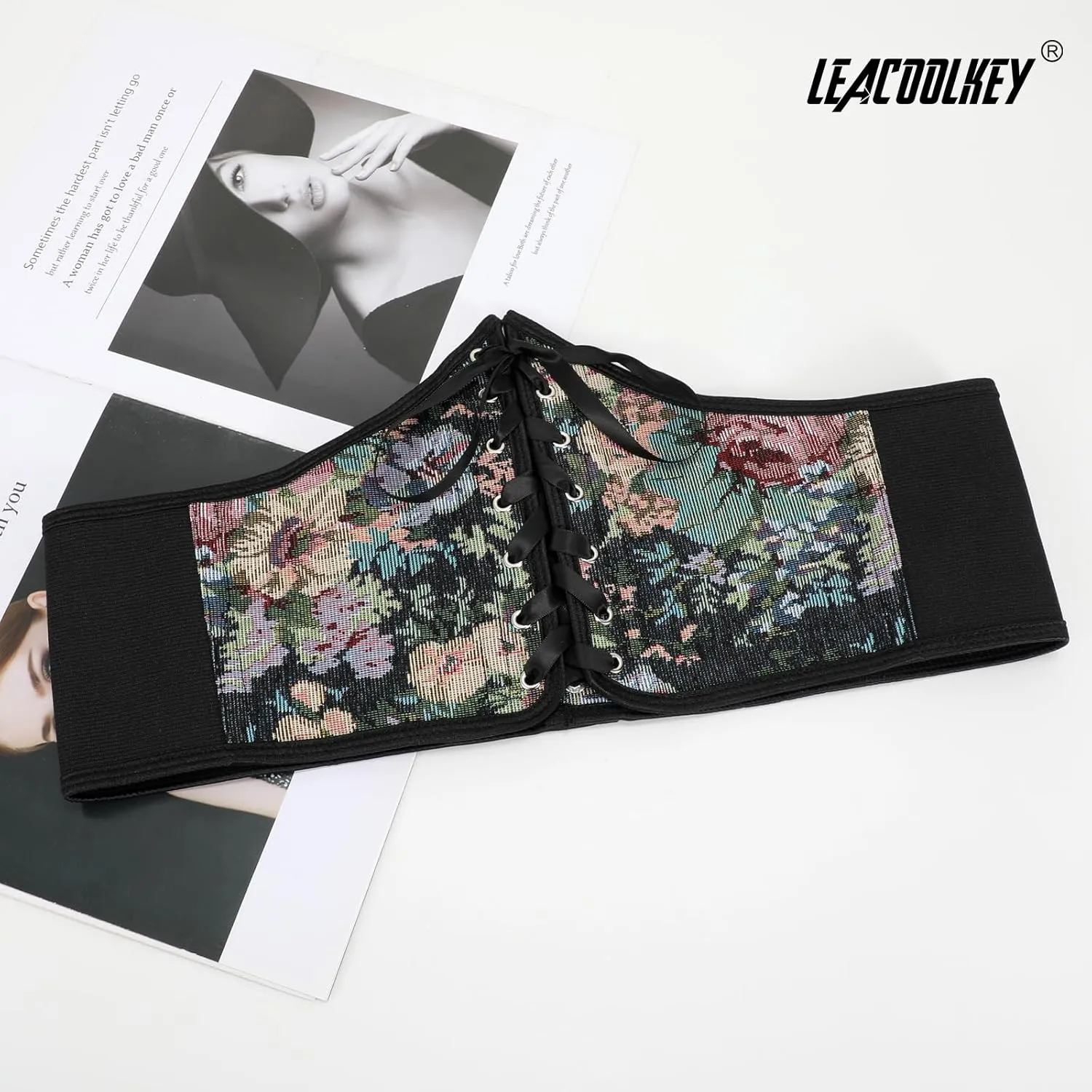 LEACOOLKEY Women Floral Corset Belt Lace-up Tied Waspie Wide Waist Belt Renaissance Costume Corset Belt for Dresses