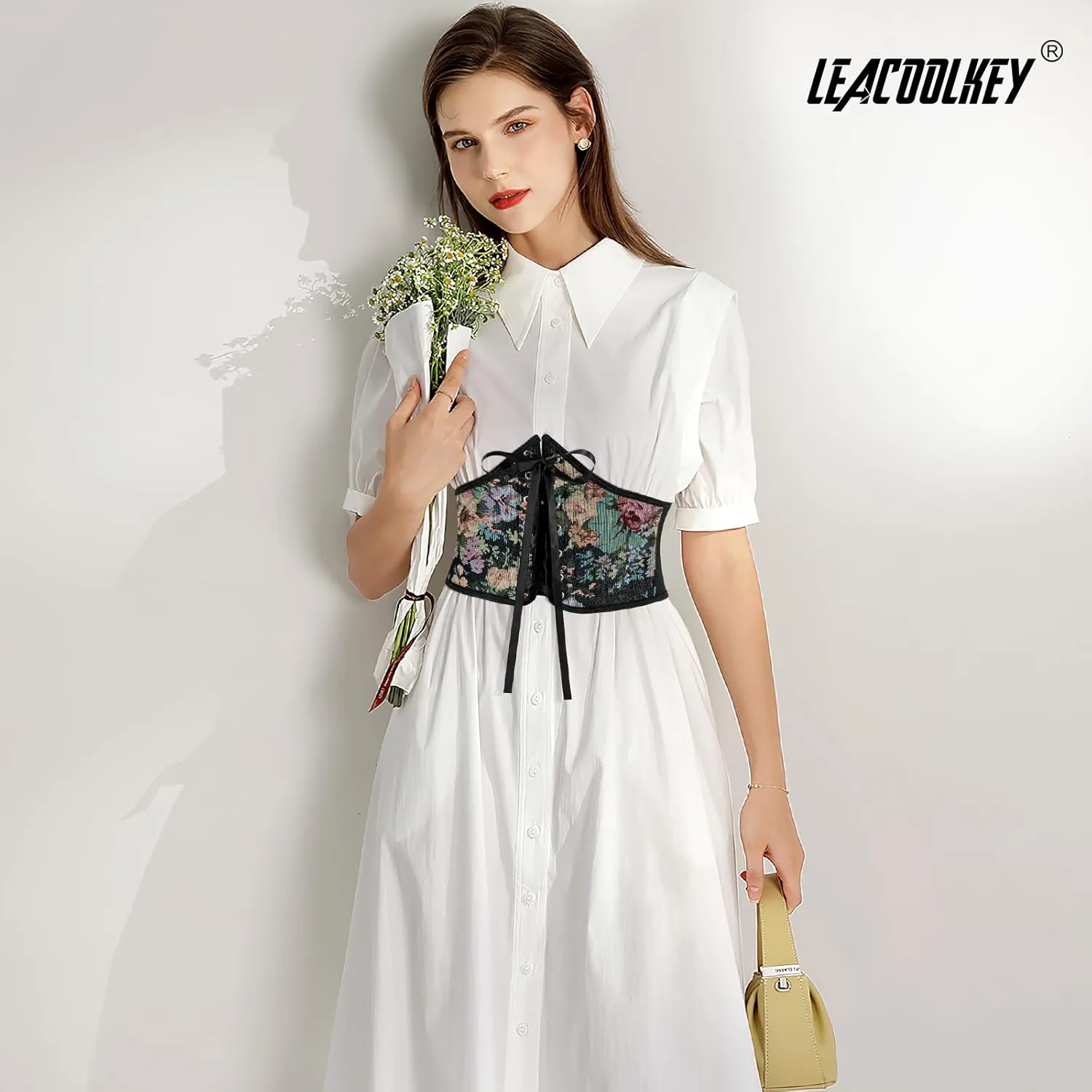 LEACOOLKEY Women Floral Corset Belt Lace-up Tied Waspie Wide Waist Belt Renaissance Costume Corset Belt for Dresses