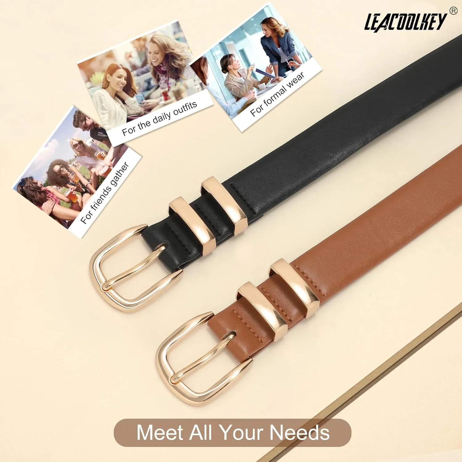 LEACOOLKEY Women Leather Belt Fashion Gold Buckle Ladies Leather Waist Belt for Jeans Dress