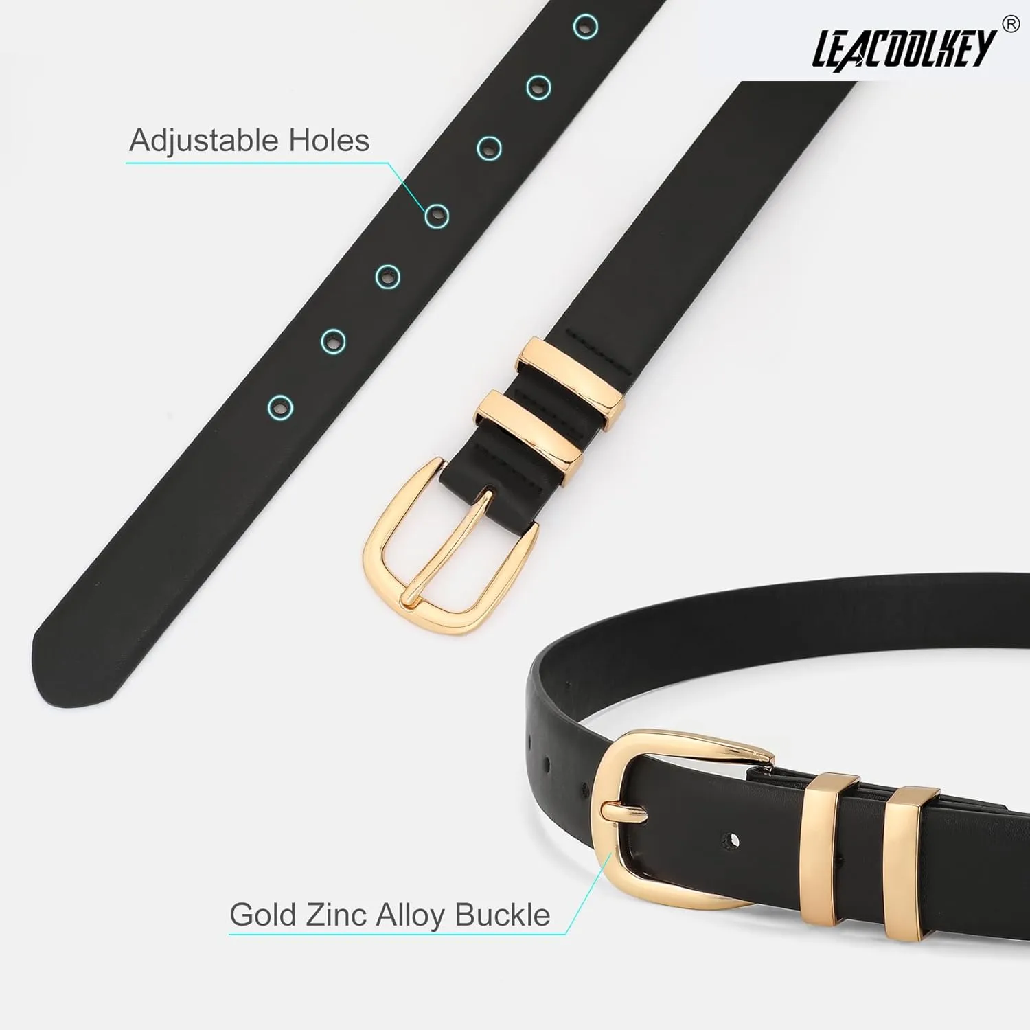 LEACOOLKEY Women Leather Belt Fashion Gold Buckle Ladies Leather Waist Belt for Jeans Dress