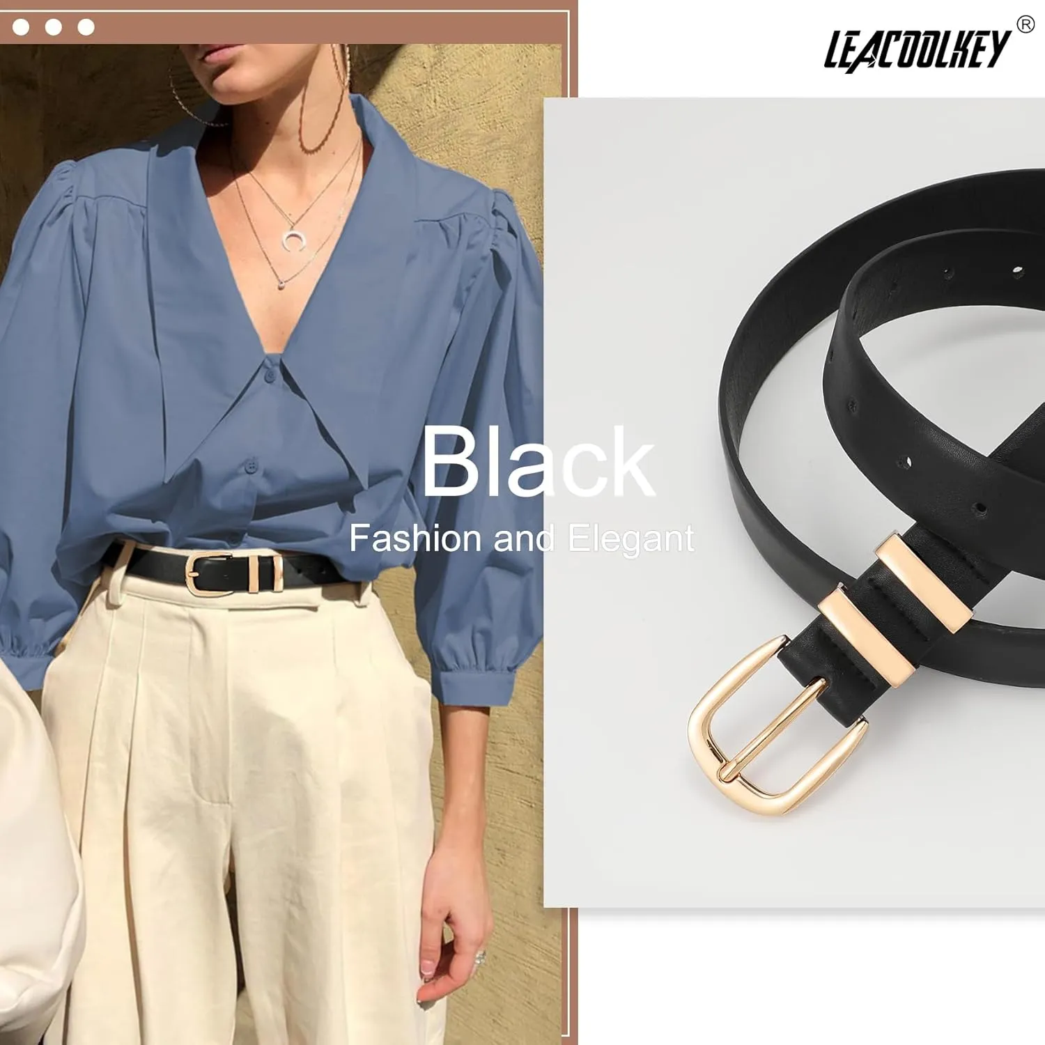 LEACOOLKEY Women Leather Belt Fashion Gold Buckle Ladies Leather Waist Belt for Jeans Dress