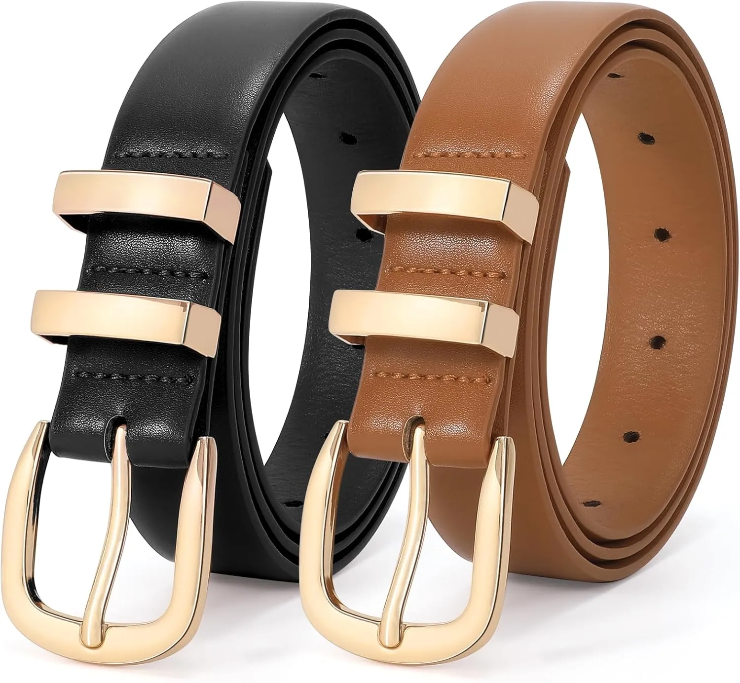 LEACOOLKEY Women Leather Belt Fashion Gold Buckle Ladies Leather Waist Belt for Jeans Dress