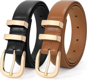 LEACOOLKEY Women Leather Belt Fashion Gold Buckle Ladies Leather Waist Belt for Jeans Dress