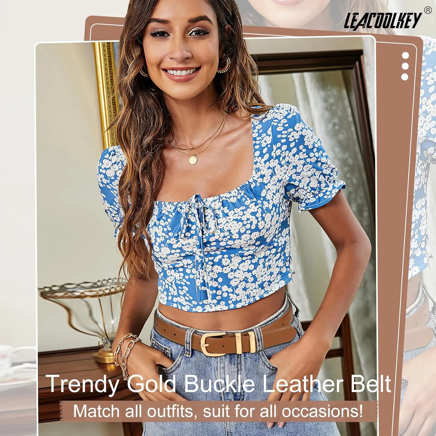 LEACOOLKEY Women Leather Belt Fashion Gold Buckle Ladies Leather Waist Belt for Jeans Dress