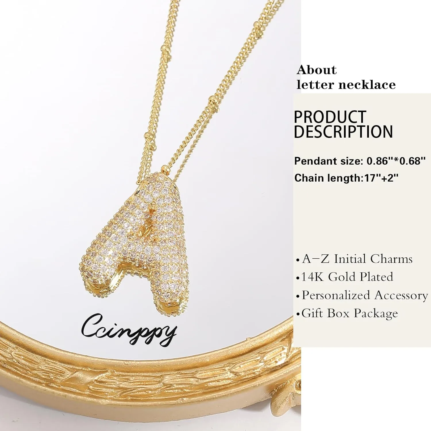 Letter Necklace, 14k Gold Plated Bubble Balloon Dainty Necklace for Women, Chunky Initial Charm Pendant Name Necklace Personalized