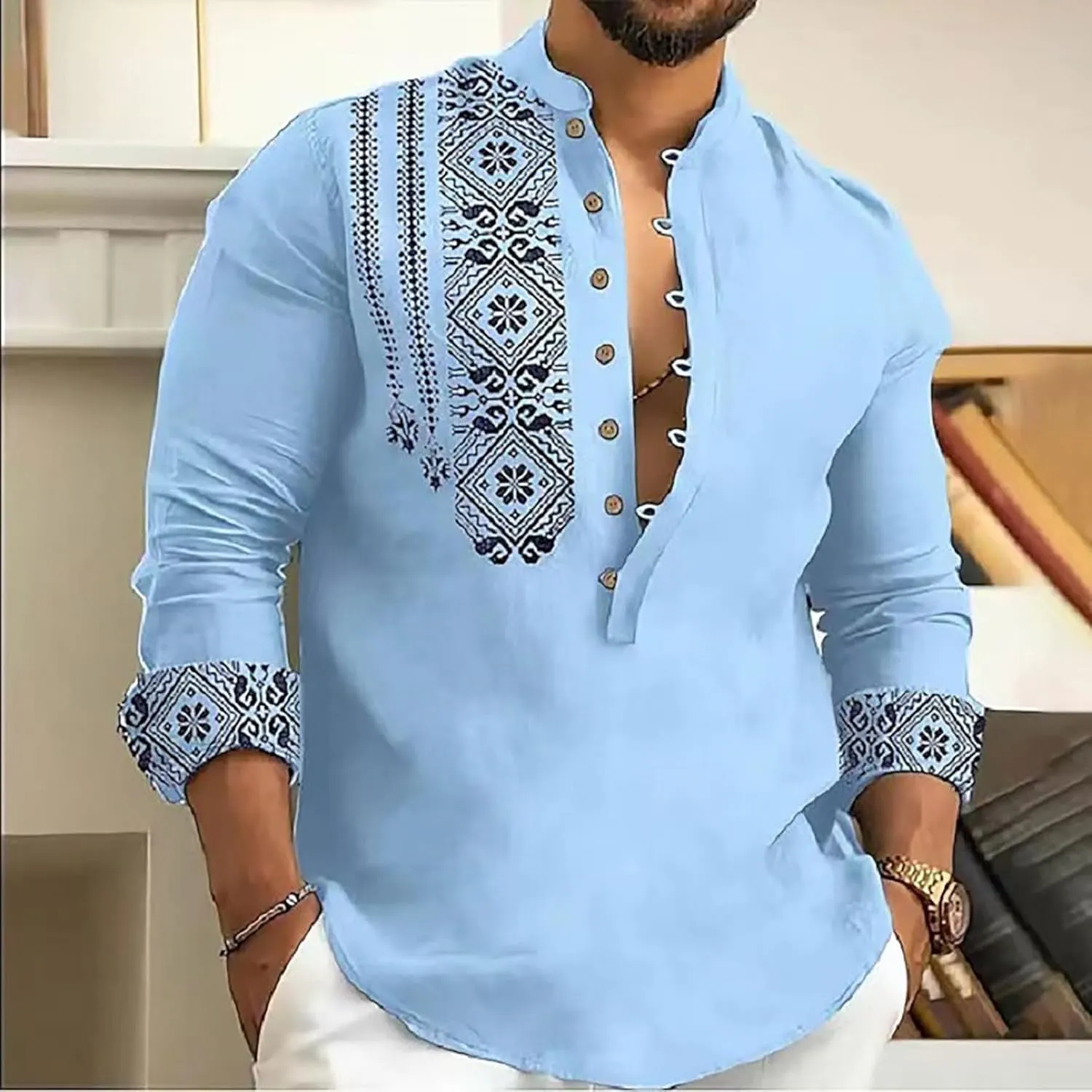 Linen Shirts for Men Banded Collar Henley Shirts Casual Stylish Button Down Shirt Vintage Beach Hawaiian T Shirt