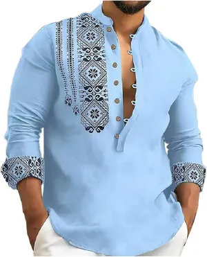 Linen Shirts for Men Banded Collar Henley Shirts Casual Stylish Button Down Shirt Vintage Beach Hawaiian T Shirt