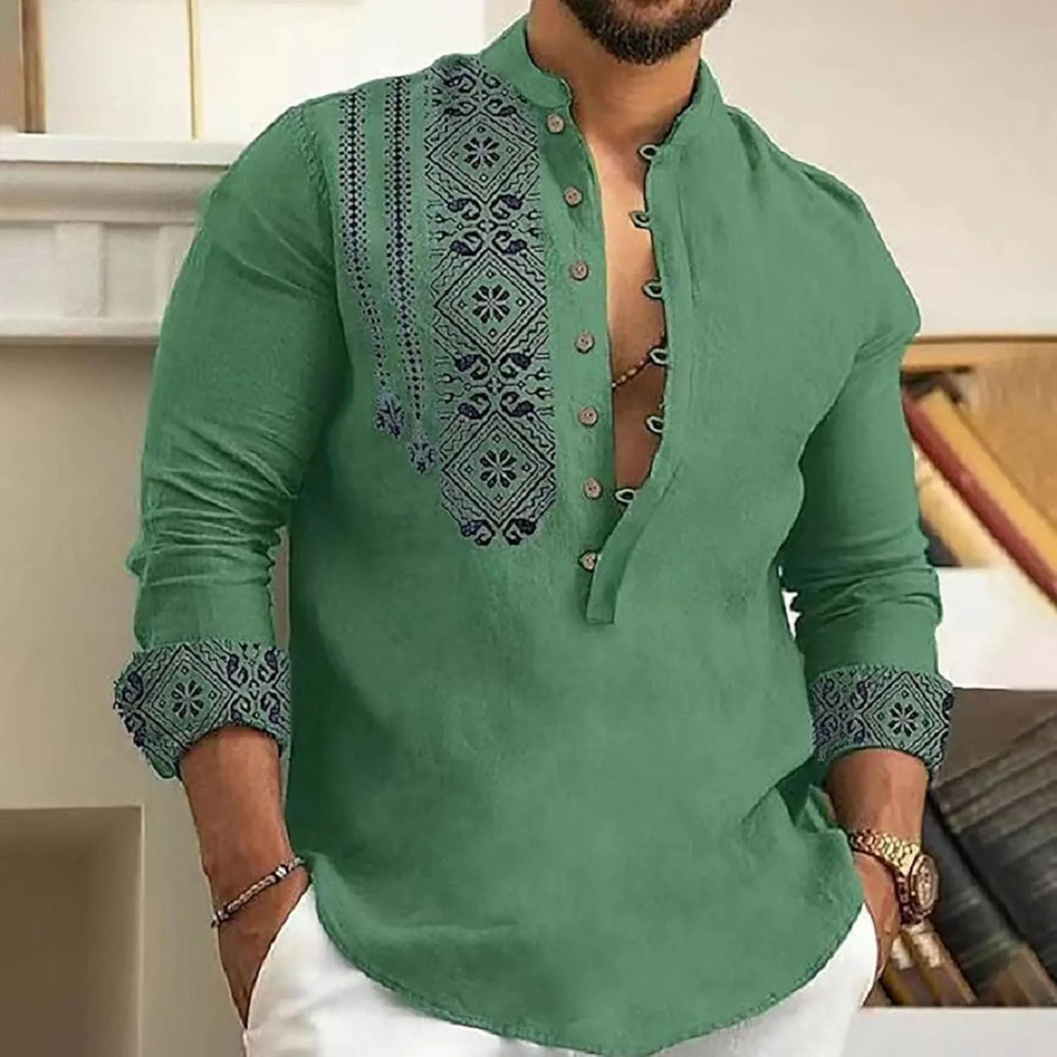 Linen Shirts for Men Banded Collar Henley Shirts Casual Stylish Button Down Shirt Vintage Beach Hawaiian T Shirt