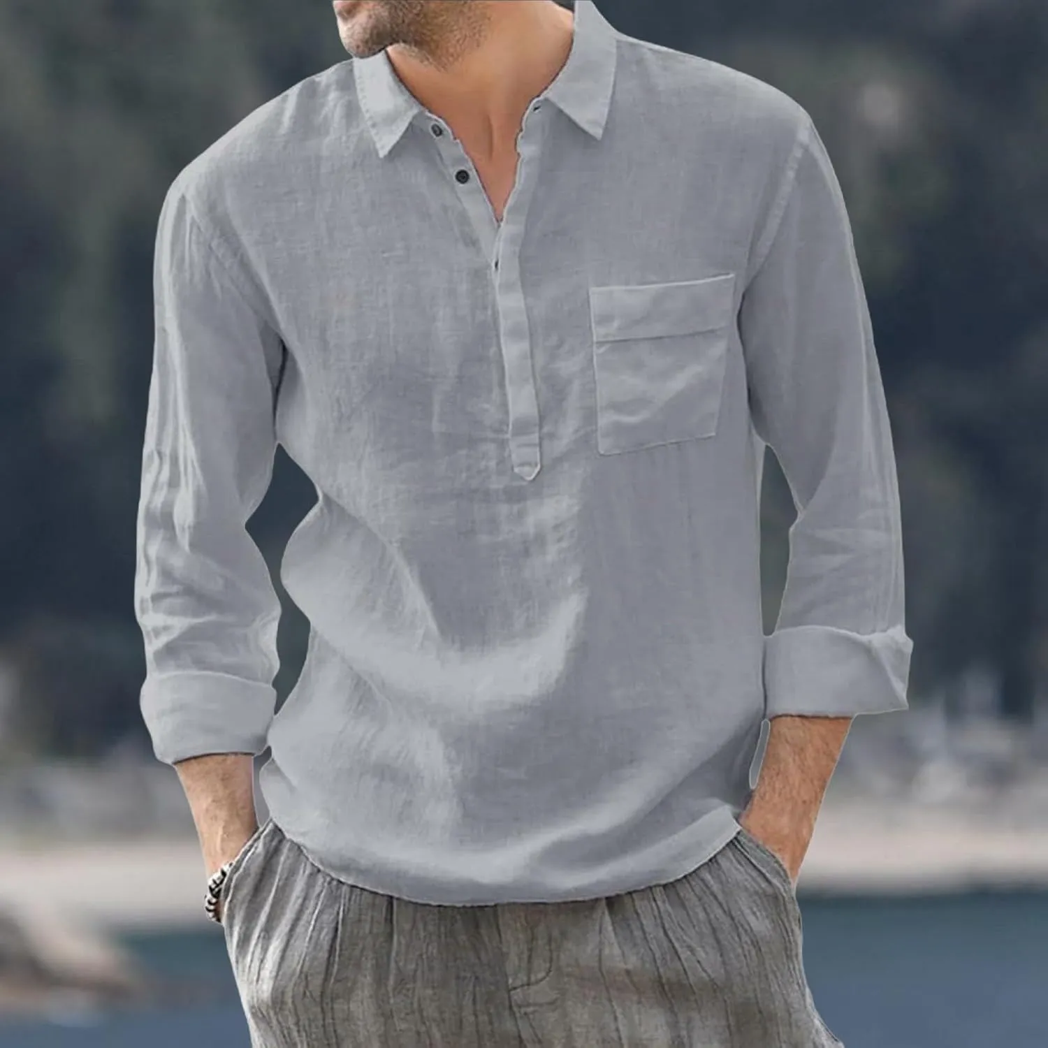 Linen Shirts for Men Casual 3/4 Roll-Up Sleeve V Neck Henley Shirt Quick Dry Breathable Boho Beach Hippie Tee Tops