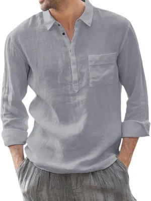 Linen Shirts for Men Casual 3/4 Roll-Up Sleeve V Neck Henley Shirt Quick Dry Breathable Boho Beach Hippie Tee Tops