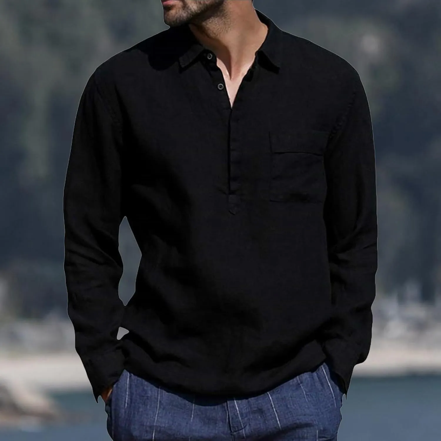 Linen Shirts for Men Casual 3/4 Roll-Up Sleeve V Neck Henley Shirt Quick Dry Breathable Boho Beach Hippie Tee Tops