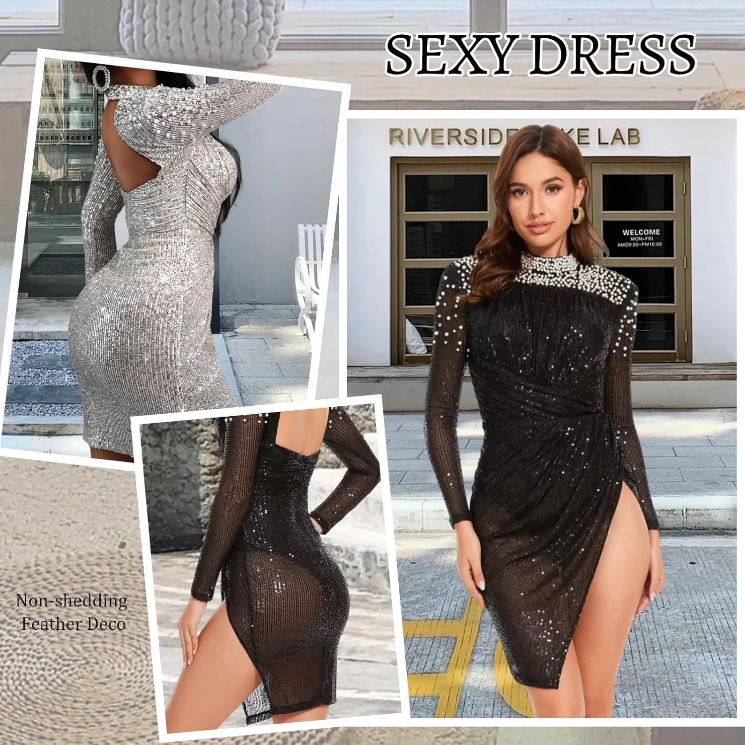 Long Sleeve Backless Dress Mesh Rhinestone Birthday Dress Ruched Prom Dress