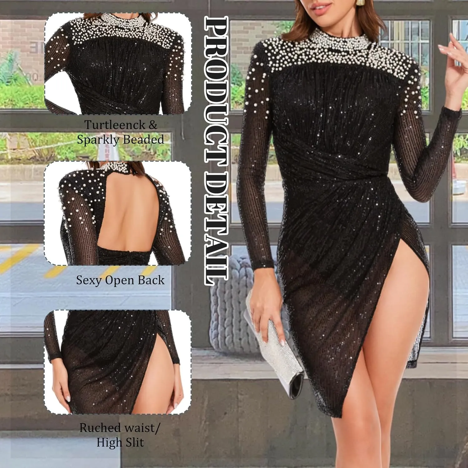Long Sleeve Backless Dress Mesh Rhinestone Birthday Dress Ruched Prom Dress