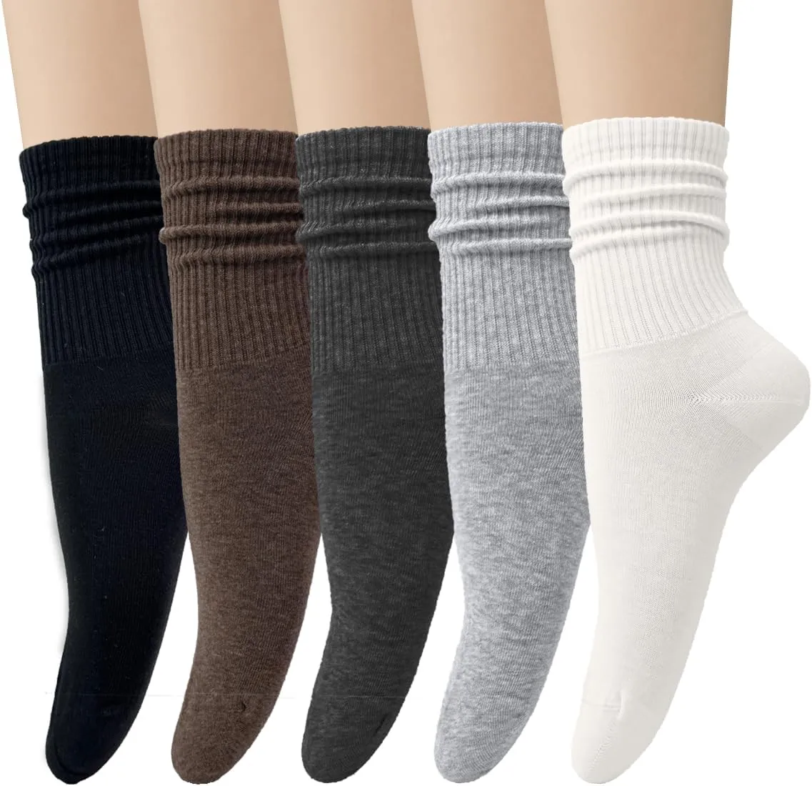 Loritta 5 Pairs Cotton Socks for Women Casual Comfy Crew Sock Stretchy Calf Slouch Boot Socks