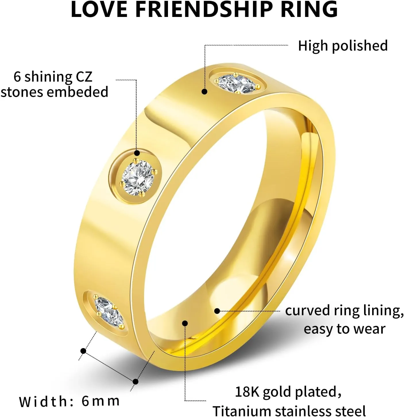 Love Friendship Gold Rings for Women:Wedding Band 18k Gold Ring Cubic Zirconia Stainless Steel Promise Ring Jewelry Birthday Gifts for Women,Size 6-10