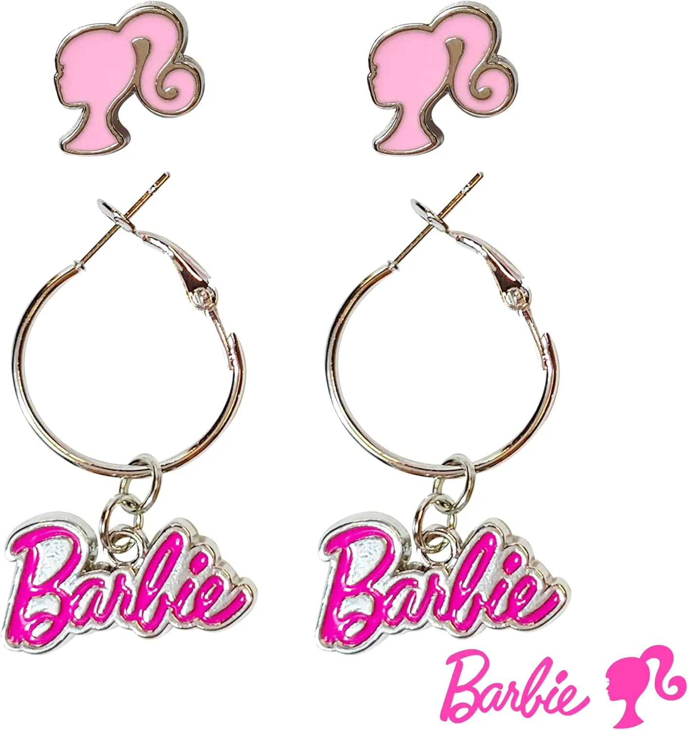 LUV HER Barbie Hypoallergenic Earrings for Girls - Hot Pink Stud Earrings & Fishhook Drop Earring Set with Charms - One Size Fits Most - Barbie Accessories for Girls Ages 4 