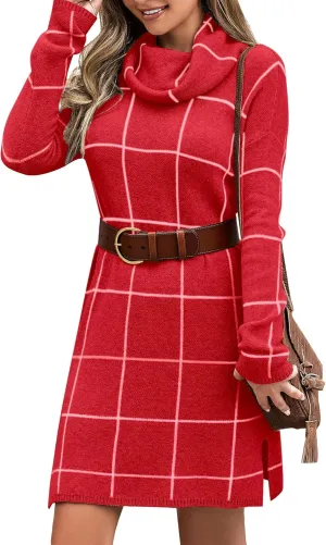 luvamia Women Casual Turtleneck Knitted Sweater Cozy Grid Pullover Sweater Dress