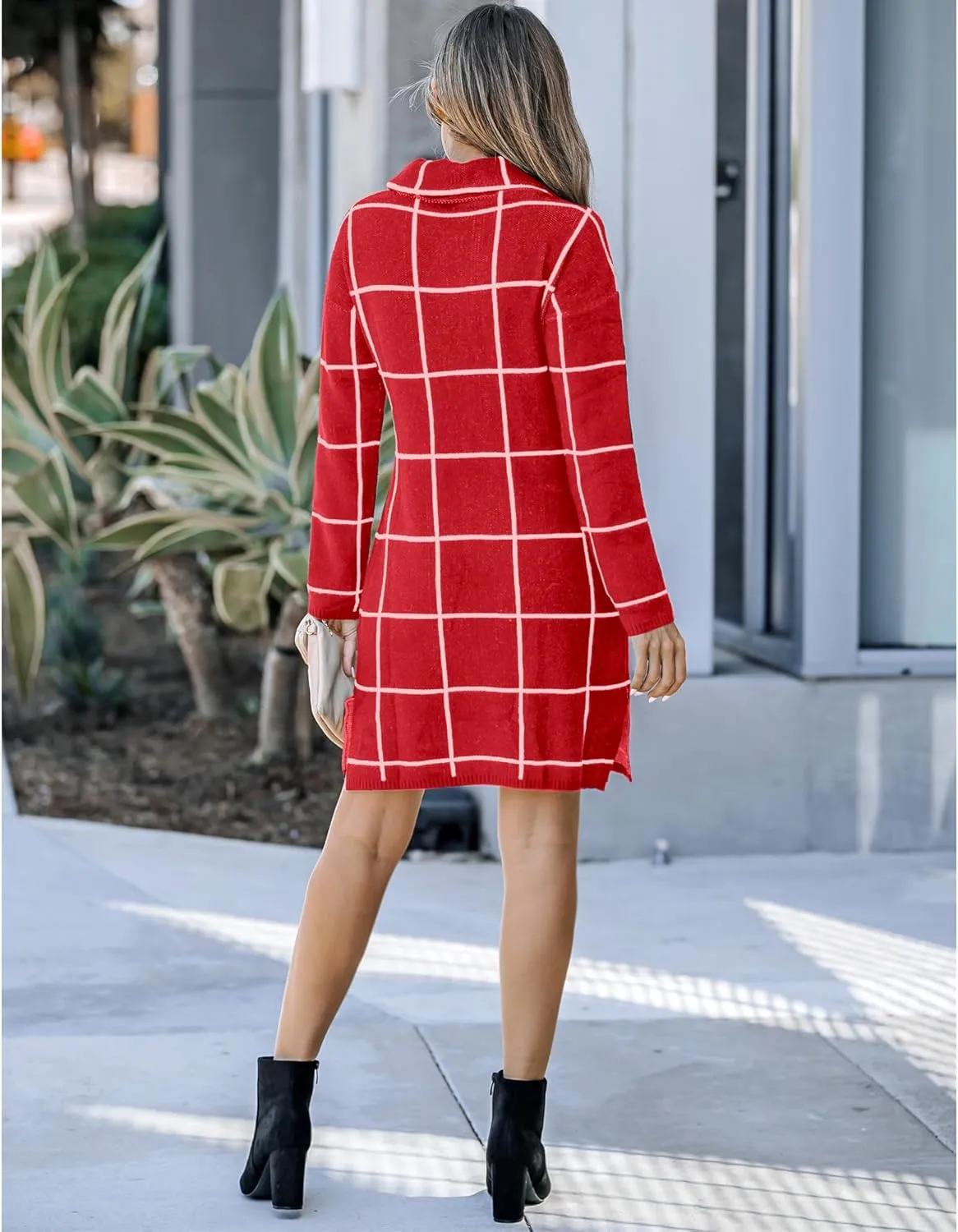 luvamia Women Casual Turtleneck Knitted Sweater Cozy Grid Pullover Sweater Dress