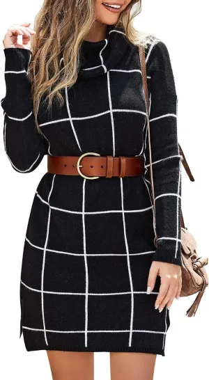 luvamia Women Casual Turtleneck Knitted Sweater Cozy Grid Pullover Sweater Dress