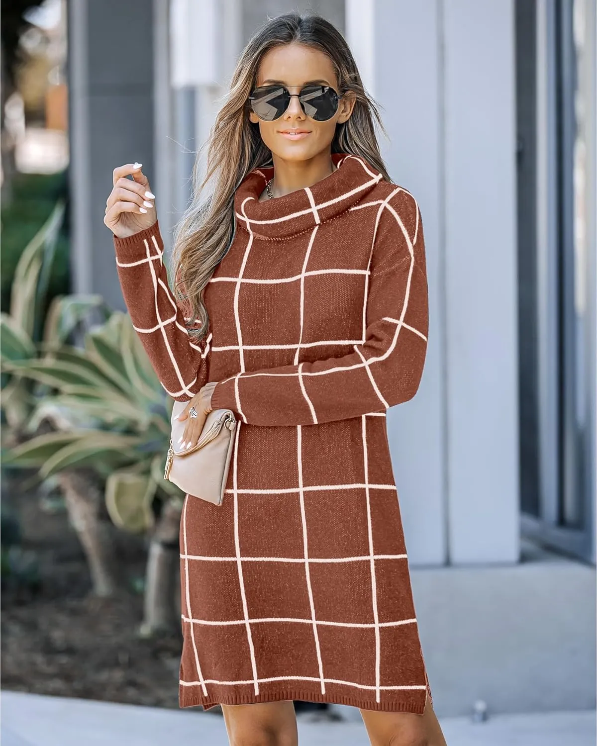 luvamia Women Casual Turtleneck Knitted Sweater Cozy Grid Pullover Sweater Dress
