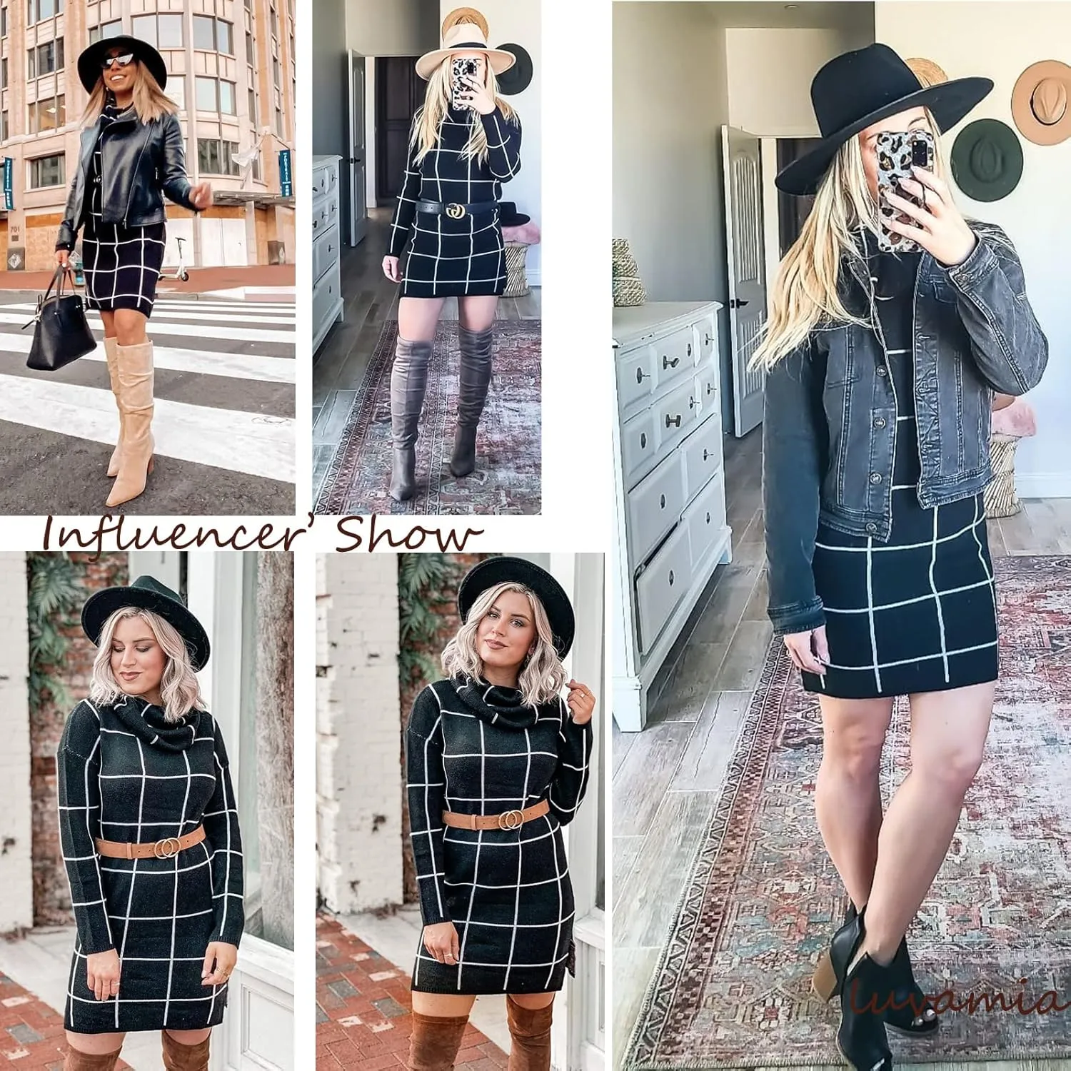luvamia Women Casual Turtleneck Knitted Sweater Cozy Grid Pullover Sweater Dress