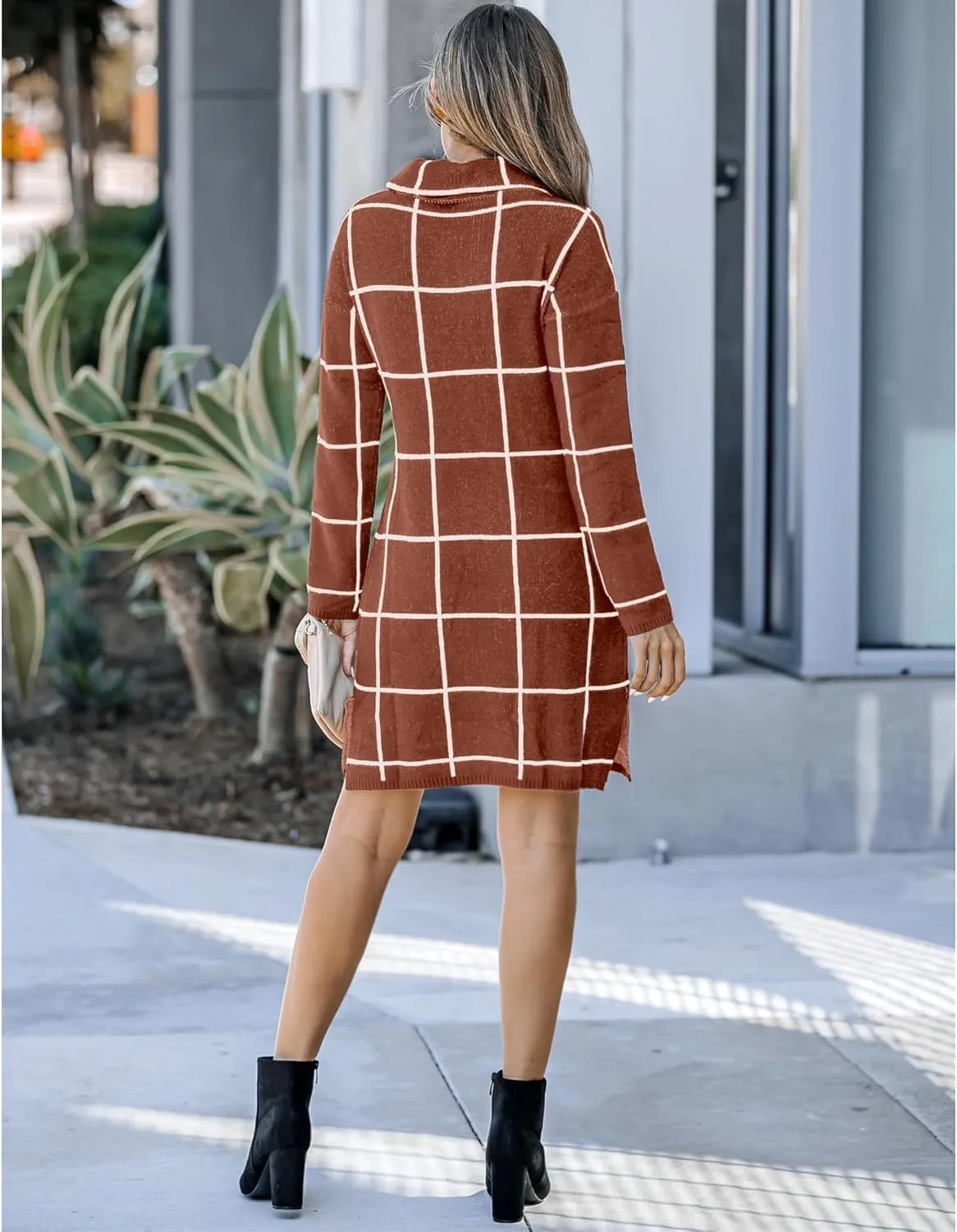 luvamia Women Casual Turtleneck Knitted Sweater Cozy Grid Pullover Sweater Dress