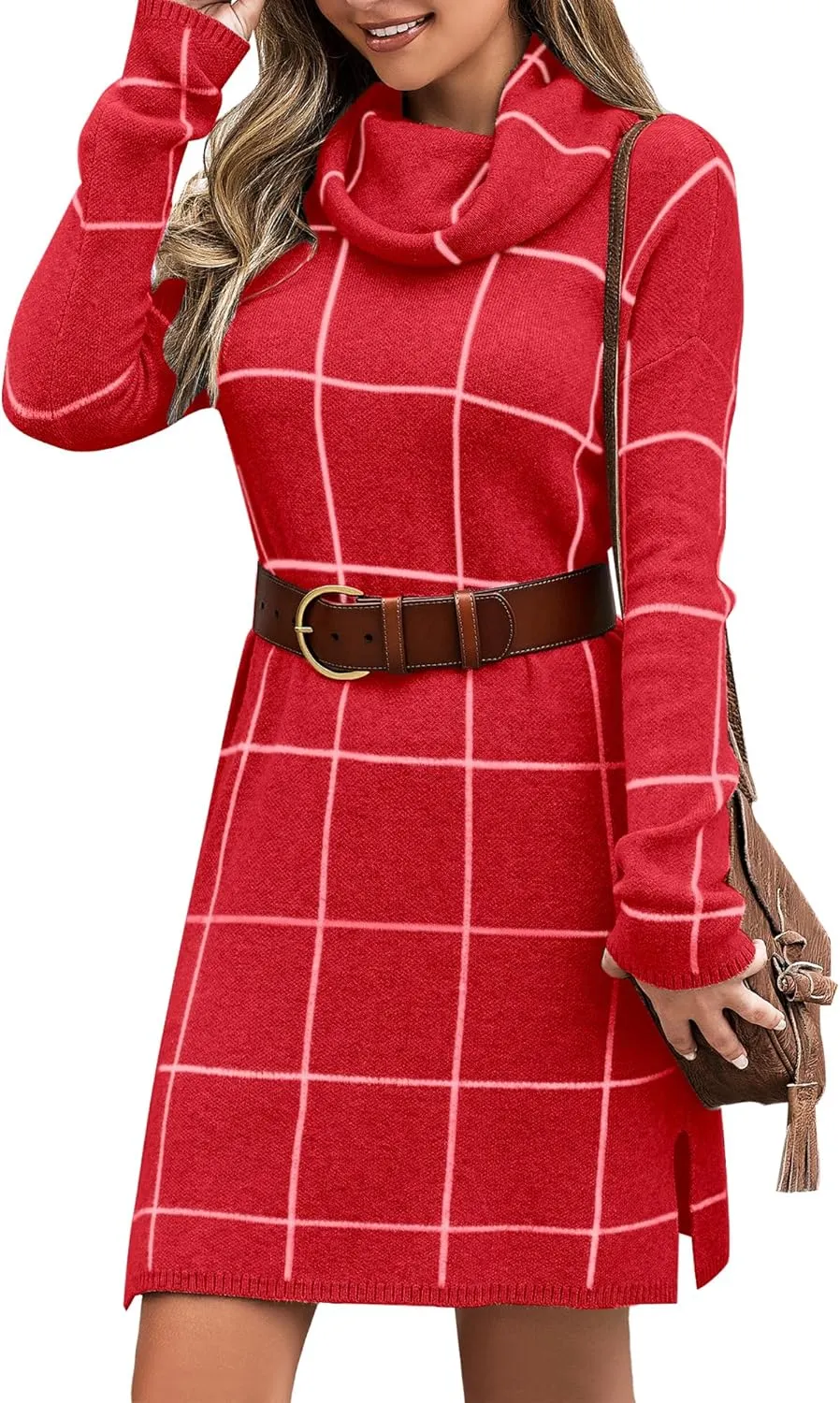 luvamia Women Casual Turtleneck Knitted Sweater Cozy Grid Pullover Sweater Dress