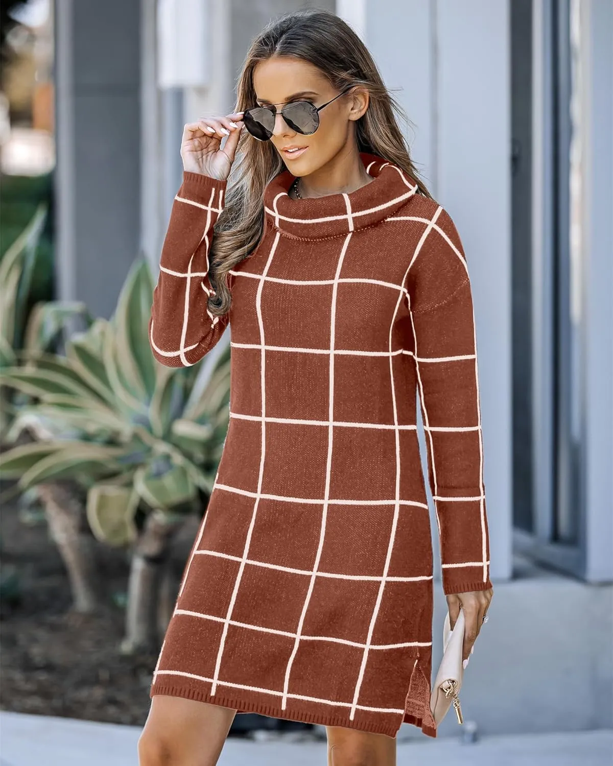 luvamia Women Casual Turtleneck Knitted Sweater Cozy Grid Pullover Sweater Dress