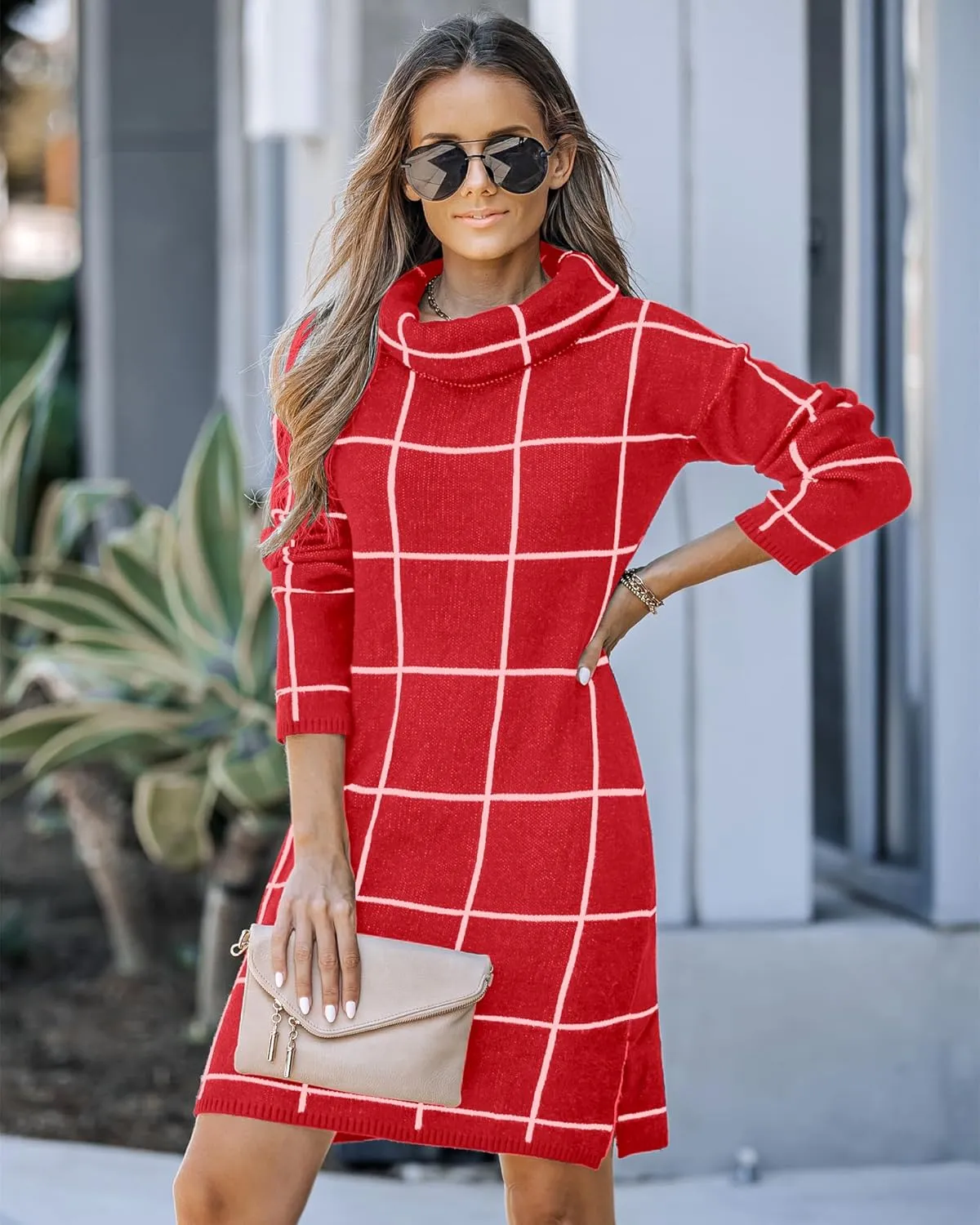 luvamia Women Casual Turtleneck Knitted Sweater Cozy Grid Pullover Sweater Dress