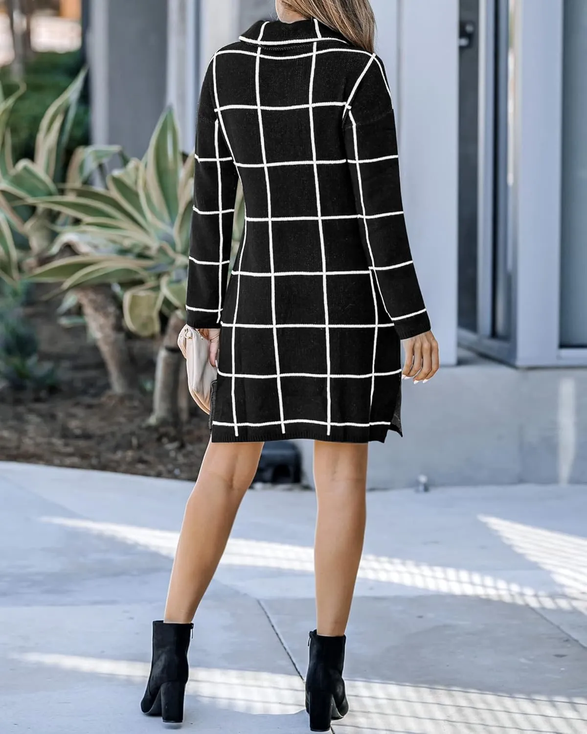 luvamia Women Casual Turtleneck Knitted Sweater Cozy Grid Pullover Sweater Dress