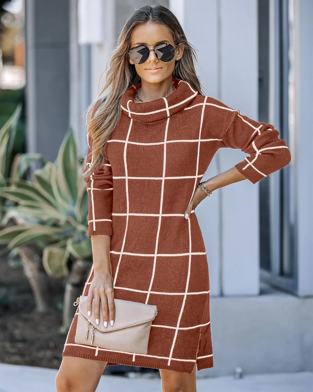 luvamia Women Casual Turtleneck Knitted Sweater Cozy Grid Pullover Sweater Dress