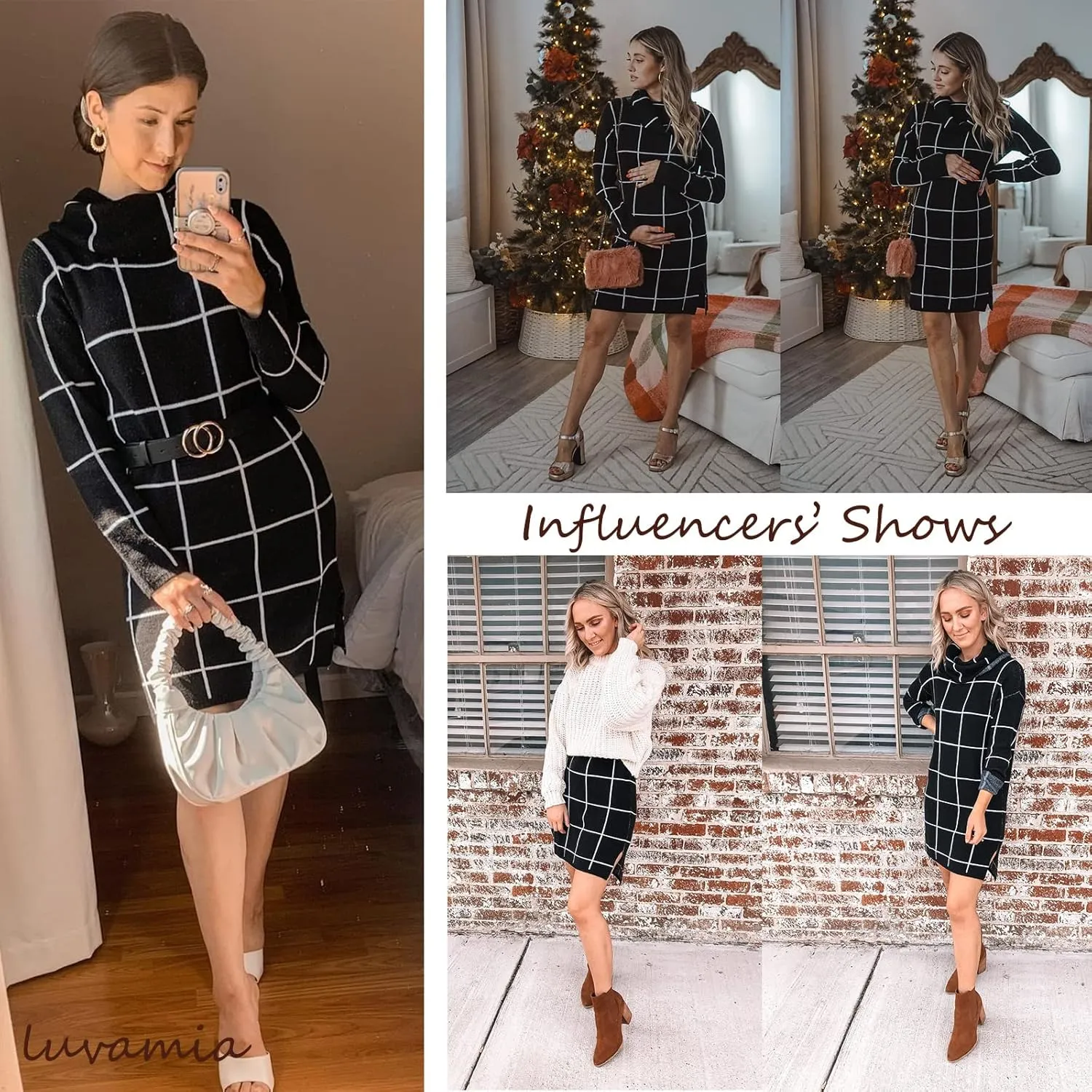luvamia Women Casual Turtleneck Knitted Sweater Cozy Grid Pullover Sweater Dress