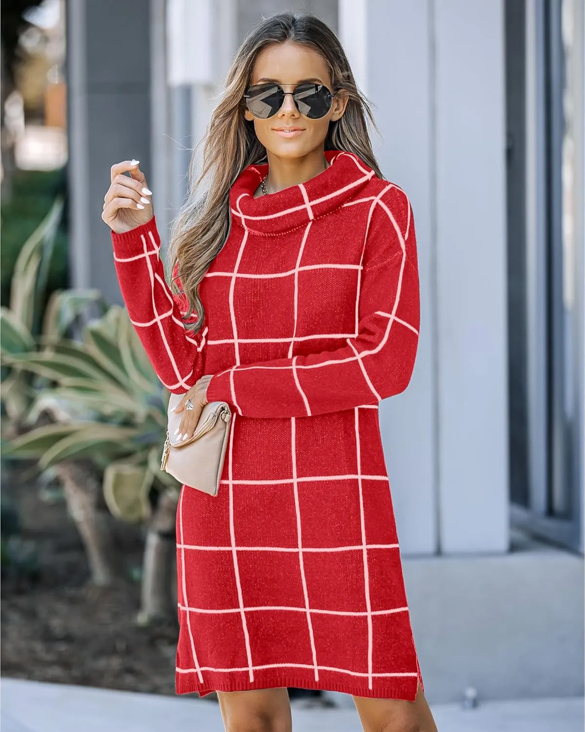 luvamia Women Casual Turtleneck Knitted Sweater Cozy Grid Pullover Sweater Dress