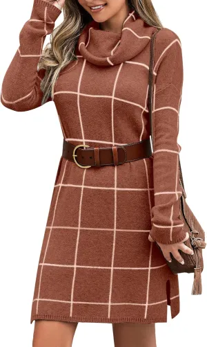 luvamia Women Casual Turtleneck Knitted Sweater Cozy Grid Pullover Sweater Dress