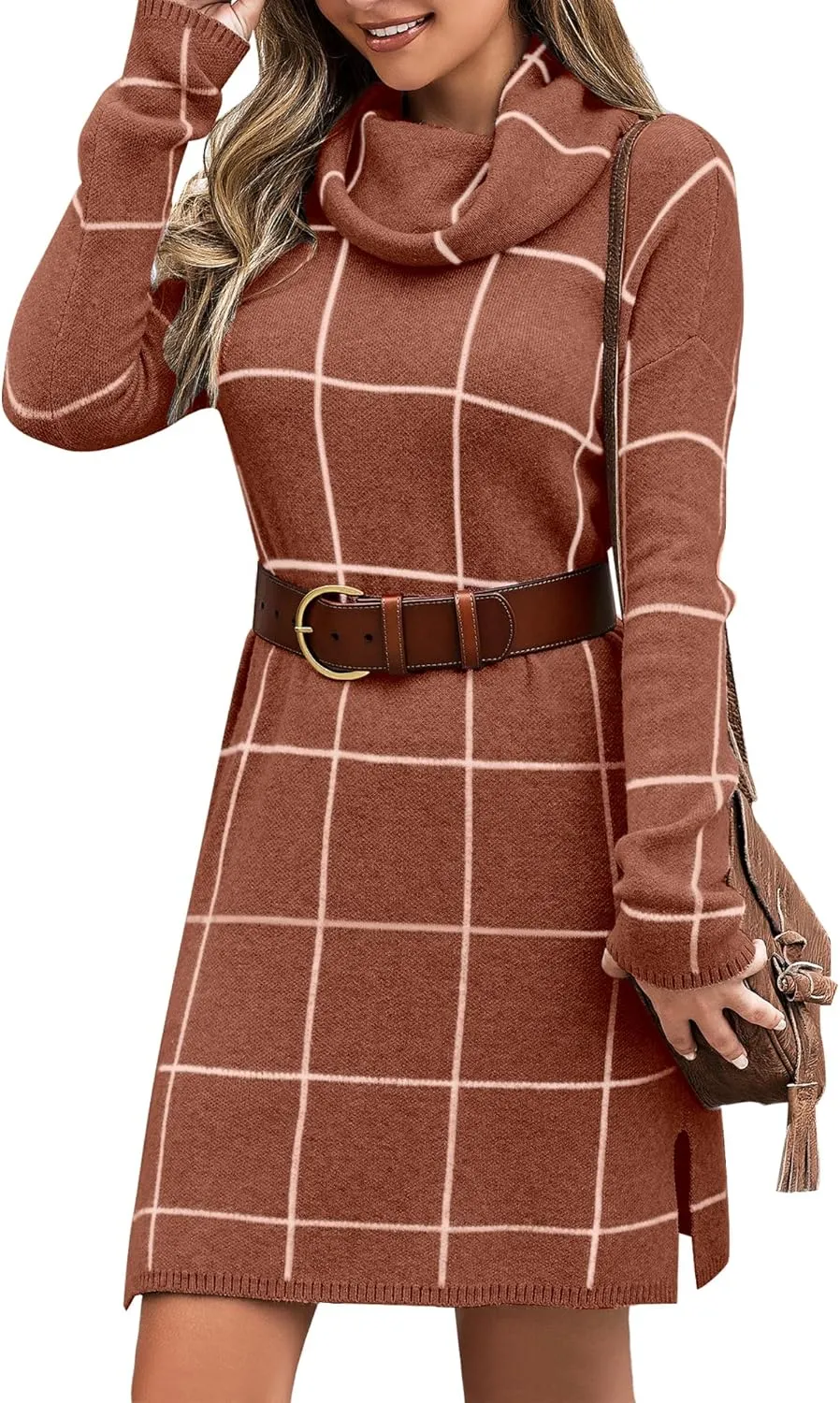 luvamia Women Casual Turtleneck Knitted Sweater Cozy Grid Pullover Sweater Dress