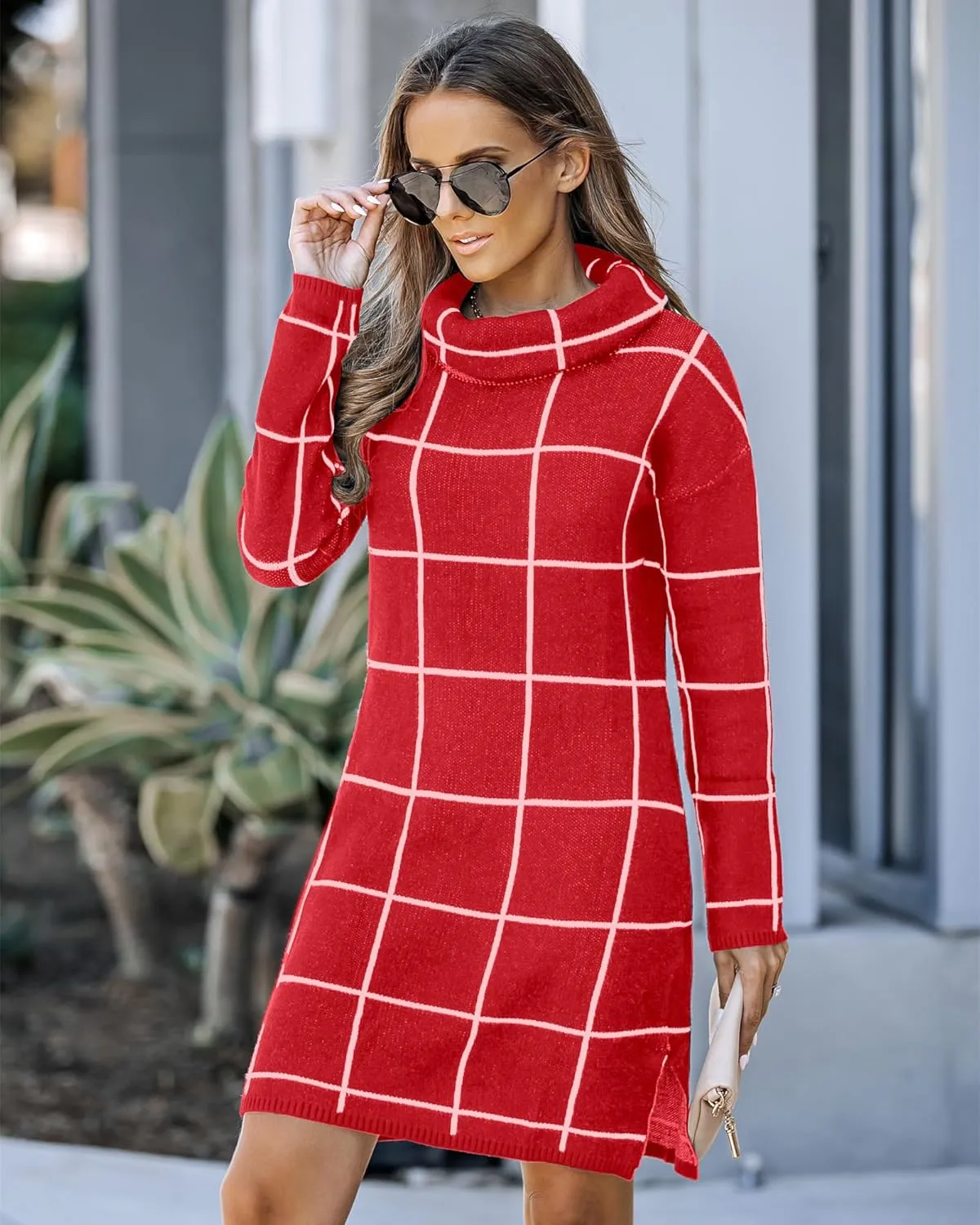 luvamia Women Casual Turtleneck Knitted Sweater Cozy Grid Pullover Sweater Dress