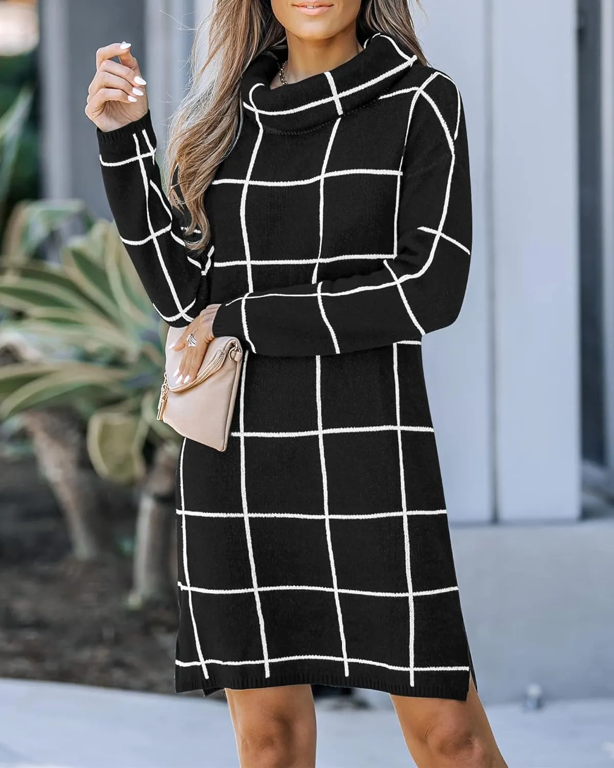 luvamia Women Casual Turtleneck Knitted Sweater Cozy Grid Pullover Sweater Dress
