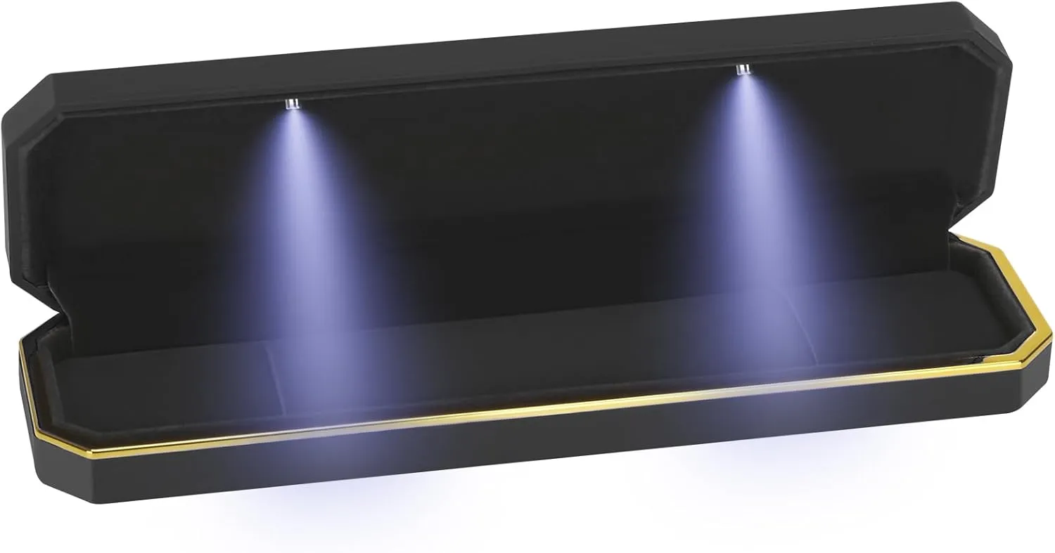 Luxury LED Necklace Long Chain Gift Box with LED Light, Velvet Jewelry Box Storage Case Organizer Holder (Black)