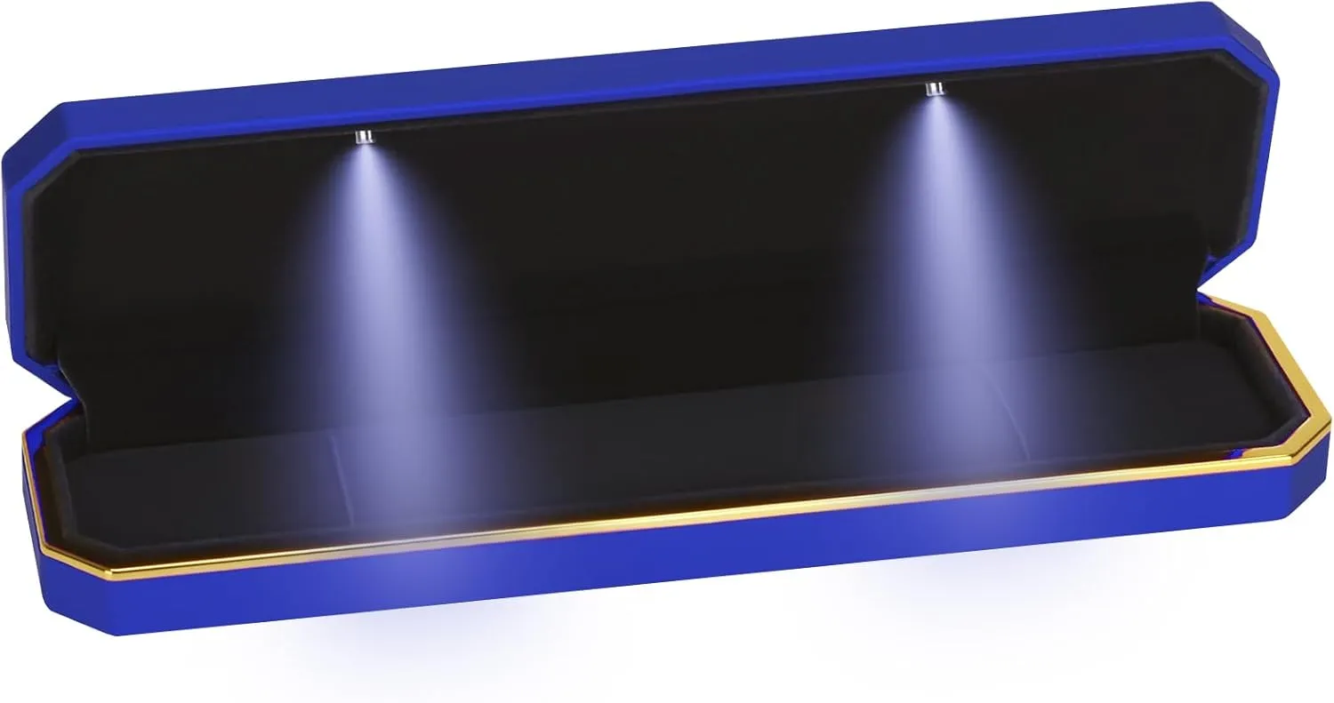 Luxury LED Necklace Long Chain Gift Box with LED Light, Velvet Jewelry Box Storage Case Organizer Holder (Blue)