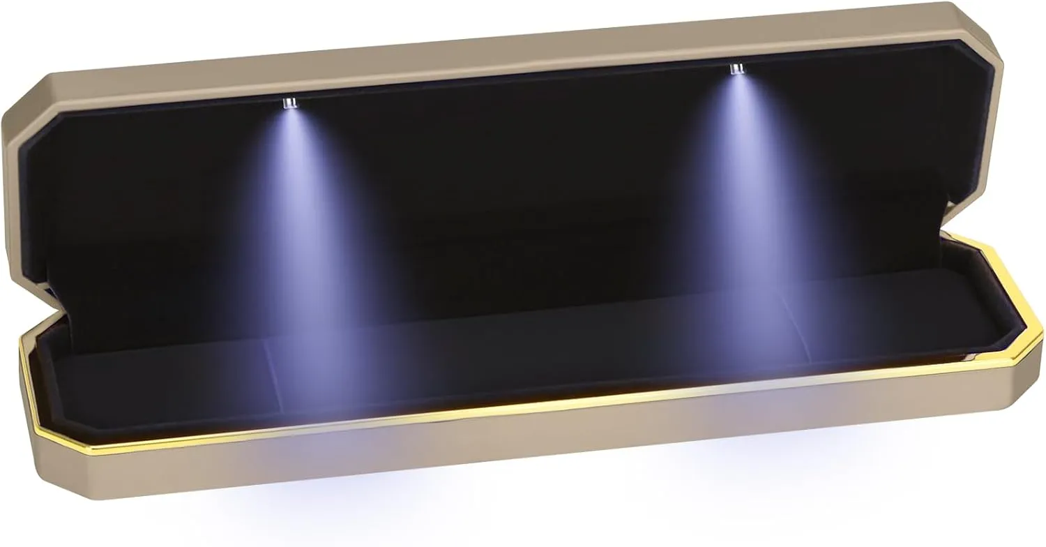 Luxury LED Necklace Long Chain Gift Box with LED Light, Velvet Jewelry Box Storage Case Organizer Holder (Gold)