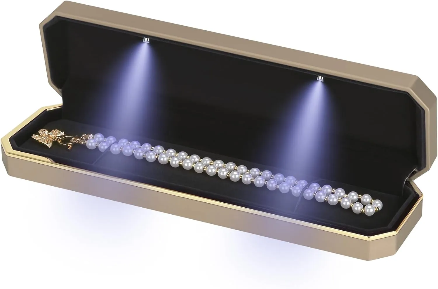 Luxury LED Necklace Long Chain Gift Box with LED Light, Velvet Jewelry Box Storage Case Organizer Holder (Gold)