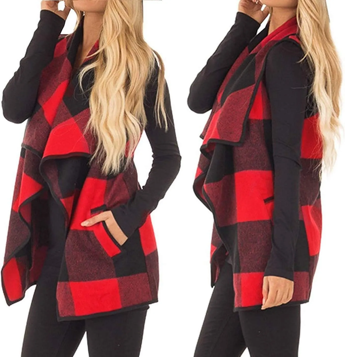 Mannice Womens Buffalo Plaid Sleeveless Cardigans Lapel Open Front Plaid Vest Jacket Coat with Pockets