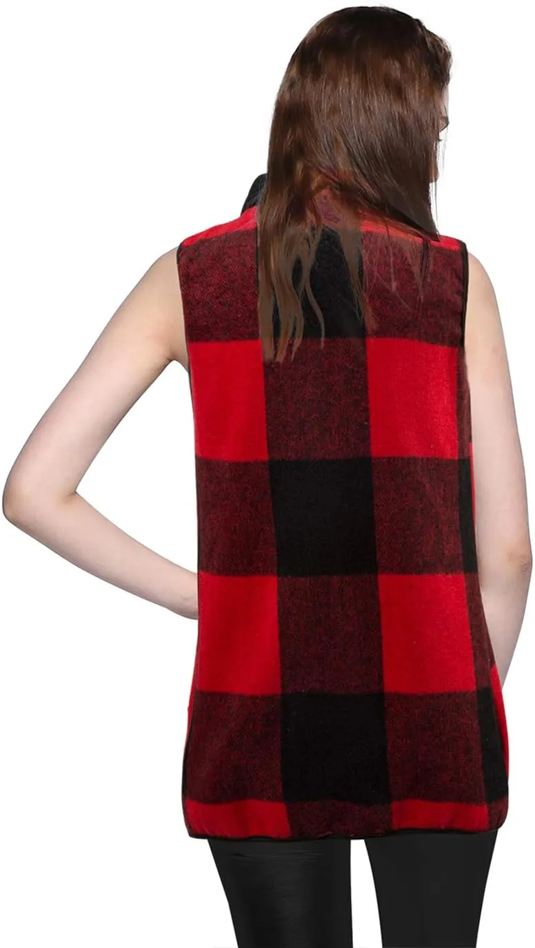 Mannice Womens Buffalo Plaid Sleeveless Cardigans Lapel Open Front Plaid Vest Jacket Coat with Pockets